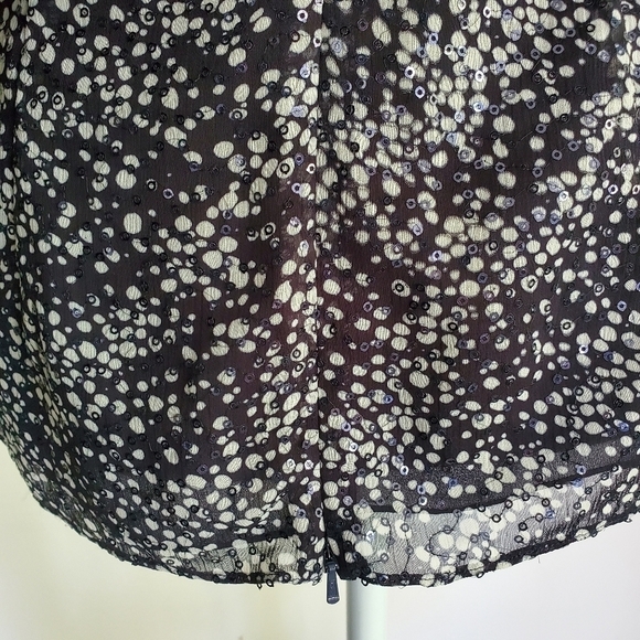 Badgley Mischka Navy Flouncy Mesh Ruffle Sequin Pleated Silk Top - Picture 8 of 11